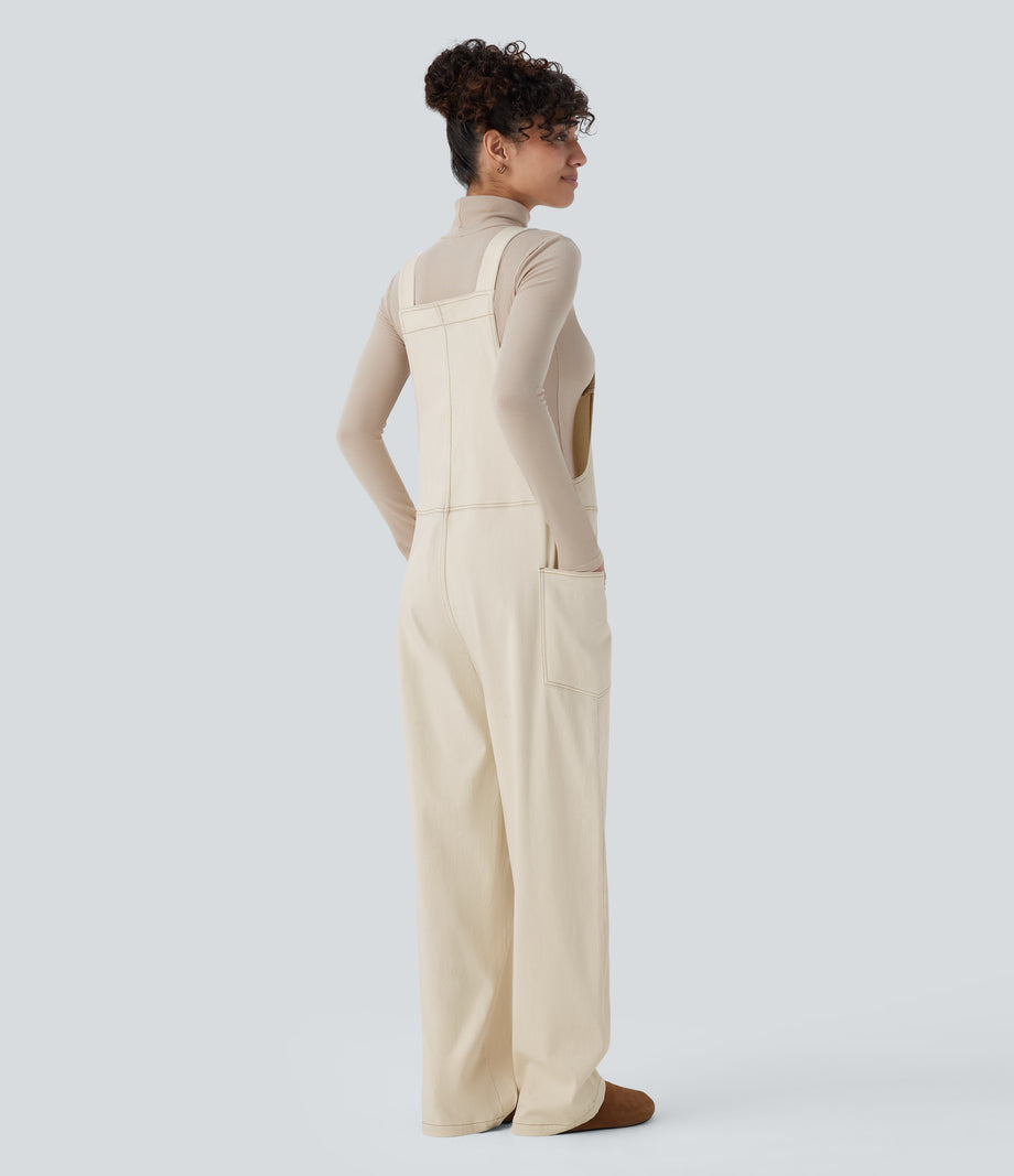 Halara Flex™ V Neck Pocket Washed Denim Casual Overalls - Khaki White Denim