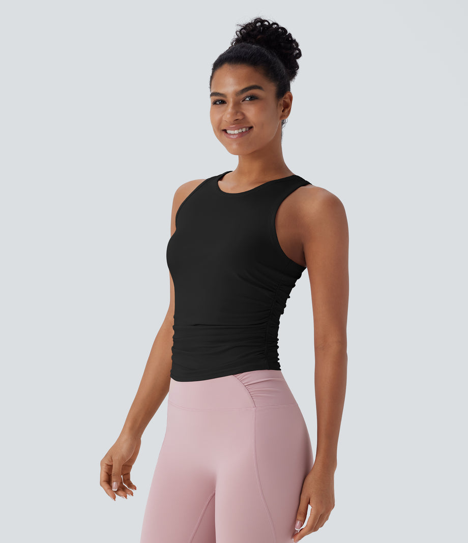 Round Neck Racerback Ruched Yoga Tank Top - Black