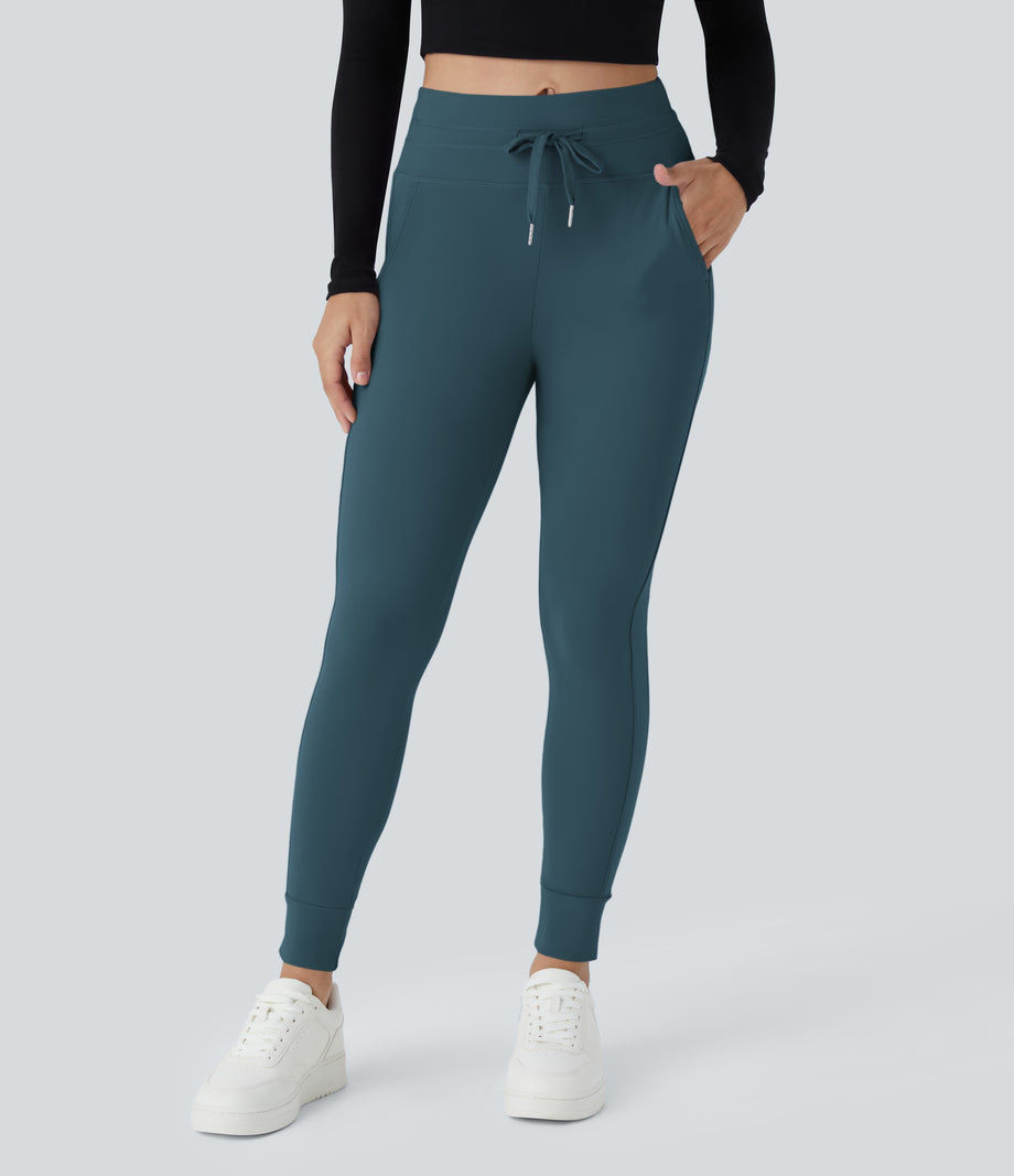 SoftlyZero™ Plush High Waisted Drawstring Pocket Plain Full Length Joggers - Oxford Blue