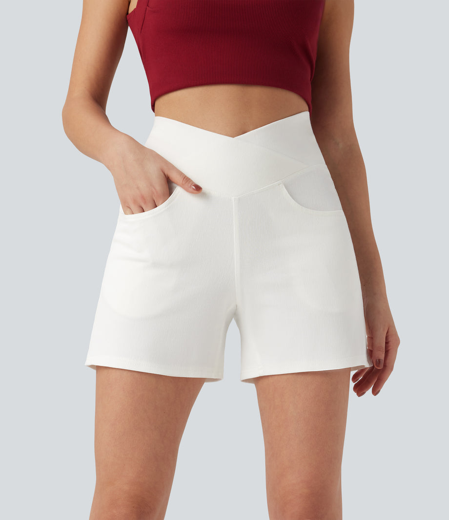Halara Flex™ Crossover High Waisted Pockets Wide Leg A Line Washed Denim Casual Shorts - Bright White Denim