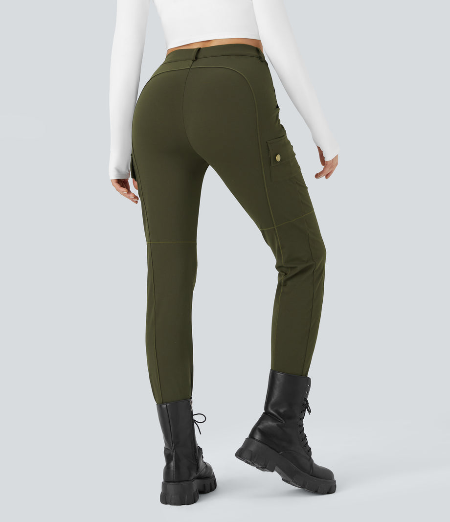 DayStretch High Waisted Zipper Pockets Solid Skinny Cargo Pants - Forest Night