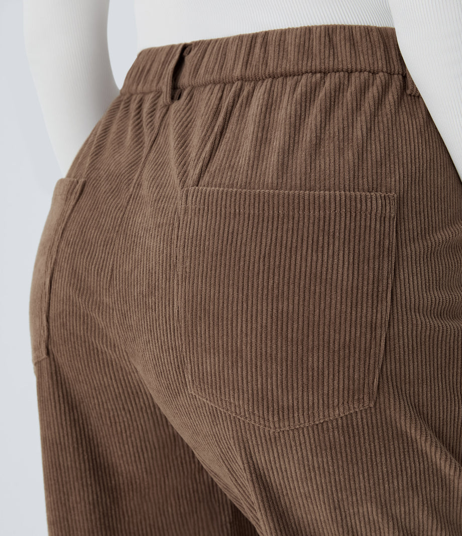 Mid Rise Zipper Pockets Corduroy Casual Joggers - Acorn