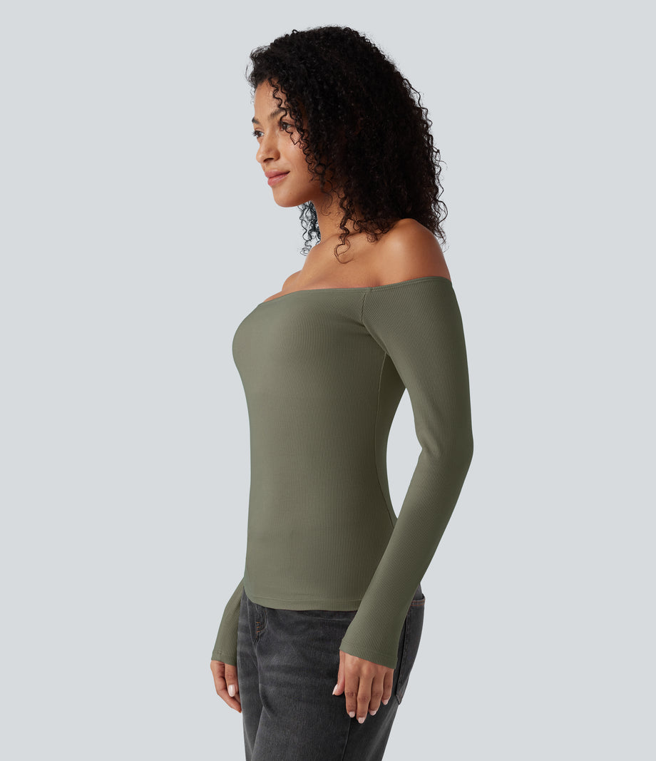 Ribbed Knit Off Shoulder Long Sleeve 2-in-1 Casual Top - Dusty Olive
