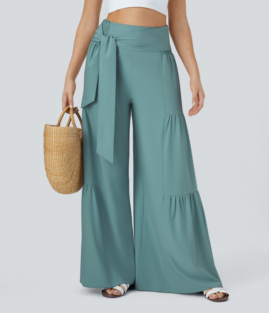 Breezeful™ High Waisted Shirred Tie Front & Back Wide Leg Flowy Quick Dry Casual Pants - Mineral Blue