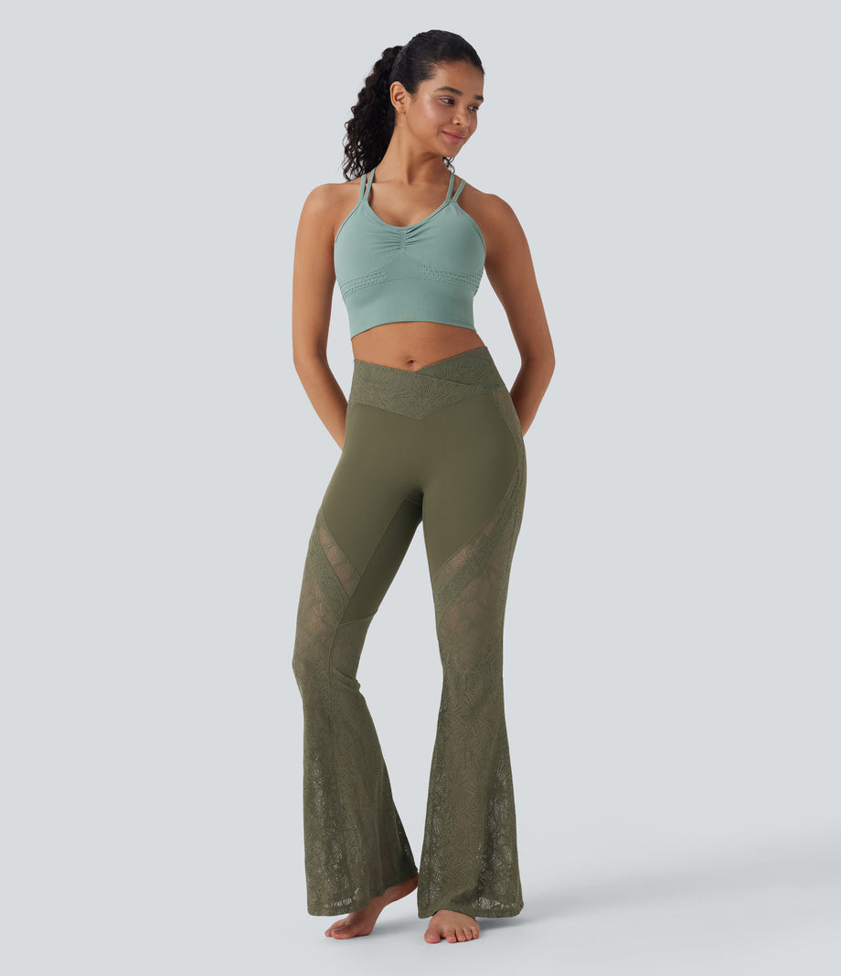SoftlyZero™ High Waisted Crossover Pocket Contrast Lace Flare Yoga Leggings - Grass Grey Green