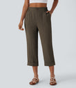 High Waisted Zipper Pocket Cropped Linen-Feel Pants - Dark Earthy Brown