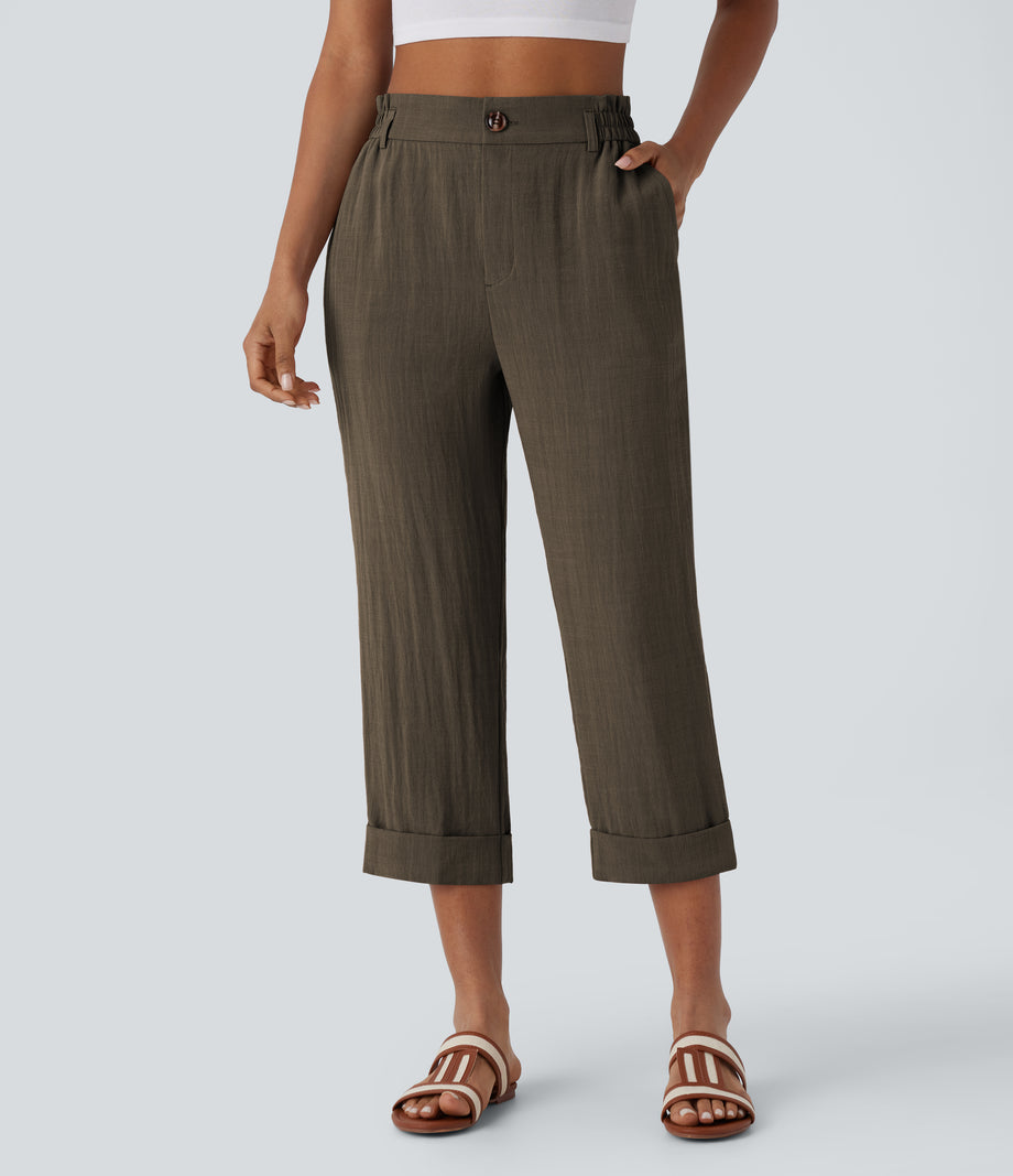 High Waisted Zipper Pocket Cropped Linen-Feel Pants - Dark Earthy Brown