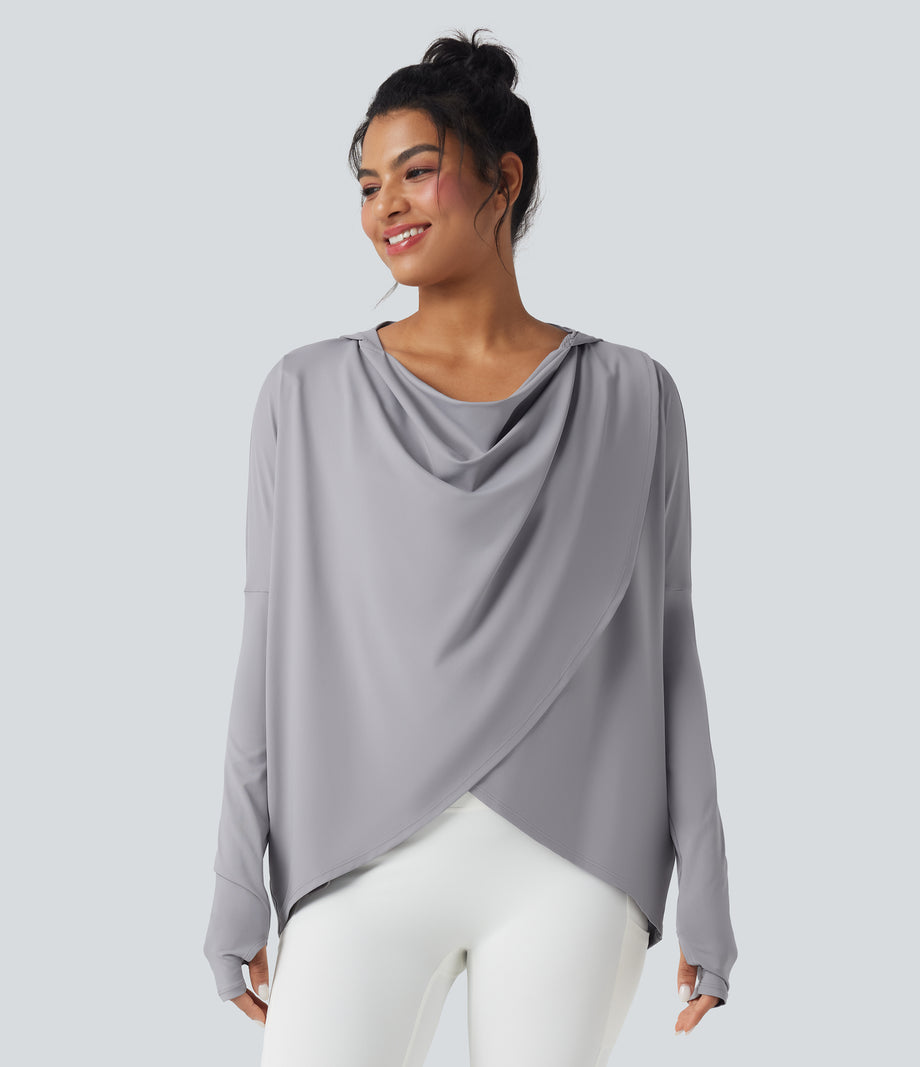 Hooded Cowl Neck Long Sleeve Thumb Hole Yoga Sports Top with Pockets - Mist Grey