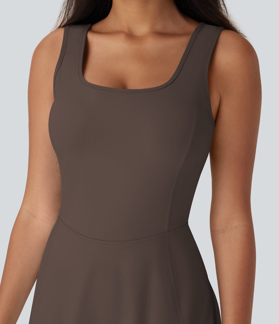 SoftlyZero™ Airy U Neck 2-in-1 Pocket Mini Cool Touch Dance Active Dress-Easy Peezy - Chocolate Martini