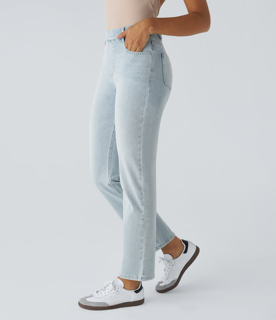 Halara Flex™ High Waisted Pockets Straight Leg Washed Casual Jeans - Light Azure Denim