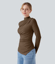 Mock-neck Long Sleeve Ruched Asymmetric Hem Thermal Casual Top - Cocoa