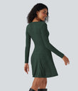 Ribbed Knit V Neck Long Sleeve Flare Mini Casual Dress with Pockets - Mottled Greenlake