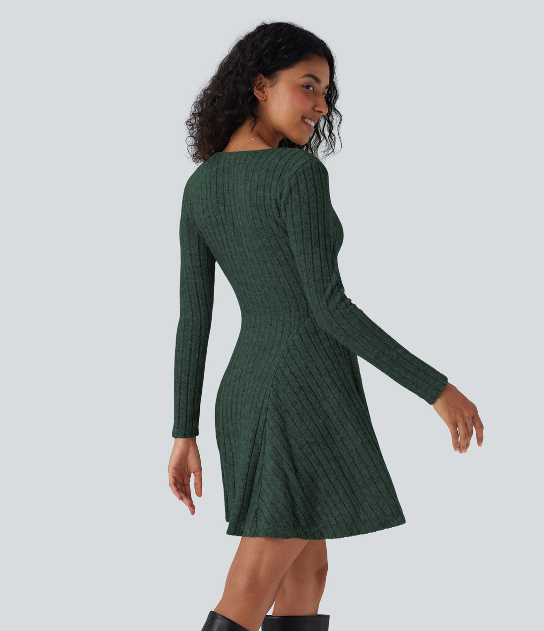 Ribbed Knit V Neck Long Sleeve Flare Mini Casual Dress with Pockets - Mottled Greenlake