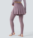 Breezeful™ High Waisted Pleated 2-in-1 Contrast Mesh Quick Dry Dance Stirrup Skirted Leggings with Pockets - Elderberry