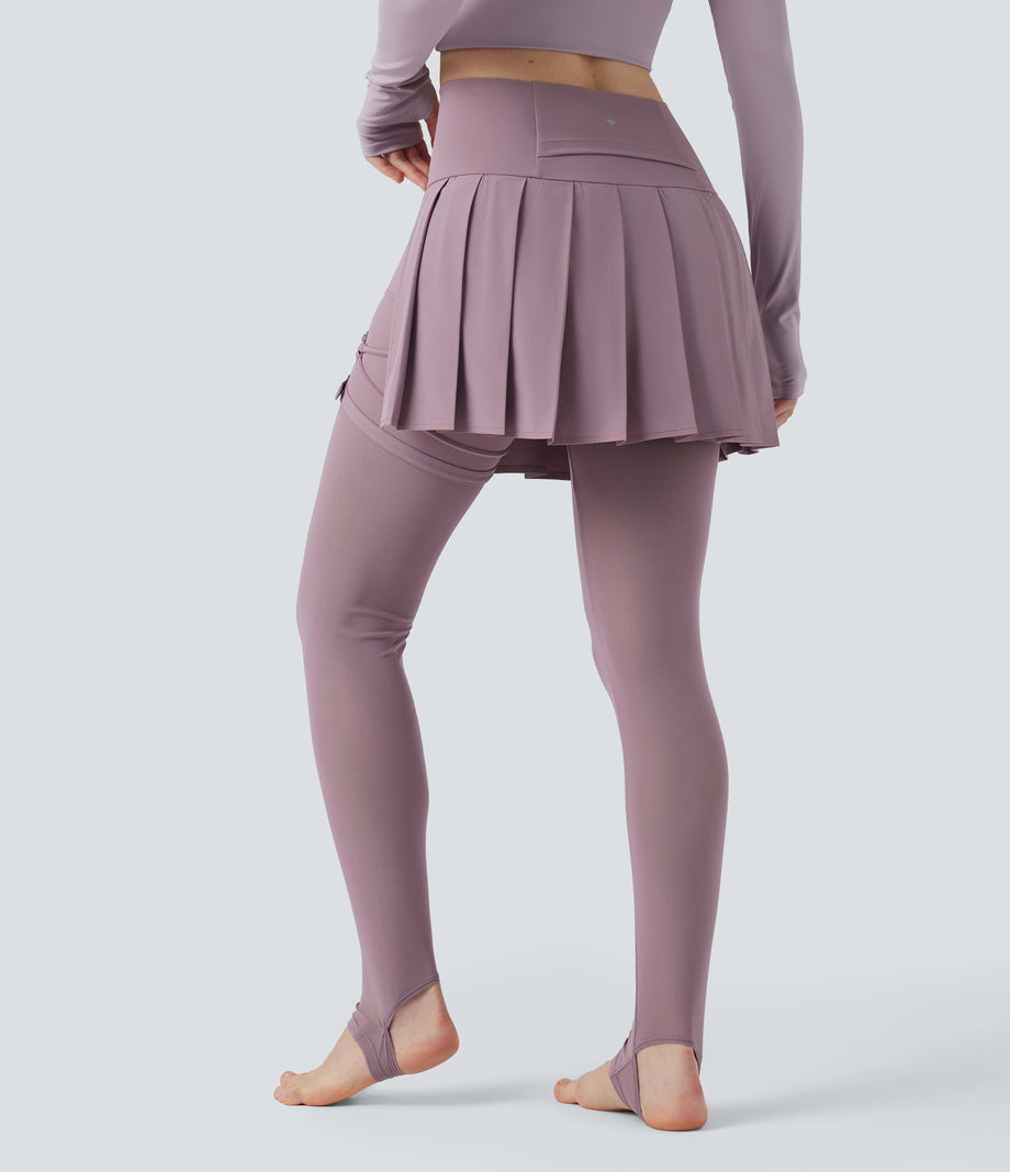 Breezeful™ High Waisted Pleated 2-in-1 Contrast Mesh Quick Dry Dance Stirrup Skirted Leggings with Pockets - Elderberry