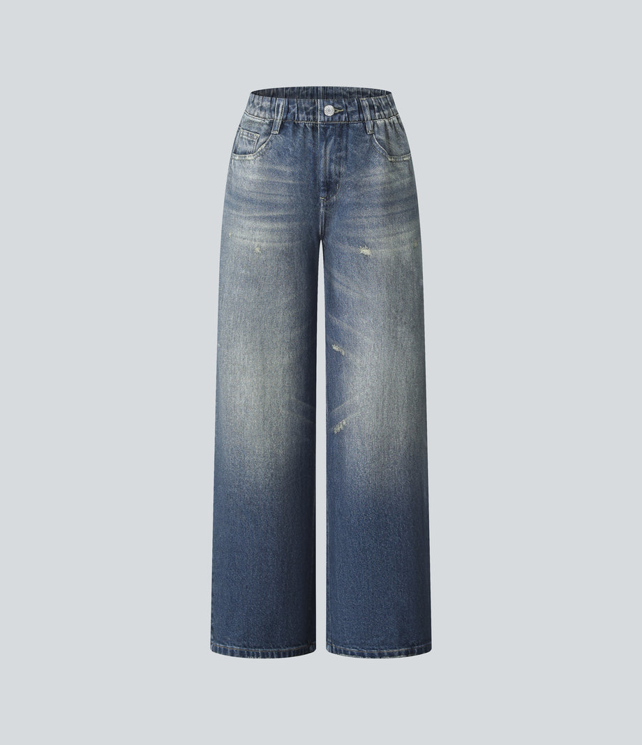 Mid Rise Denim Print French Terry Casual Sweatpants Jeans with Pockets - Dutch Blue Denim