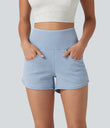 Halara Flex™ High Waisted Tummy Control Curved Hem Skinny Denim Casual Shorts with Pockets - Ice Water Denim