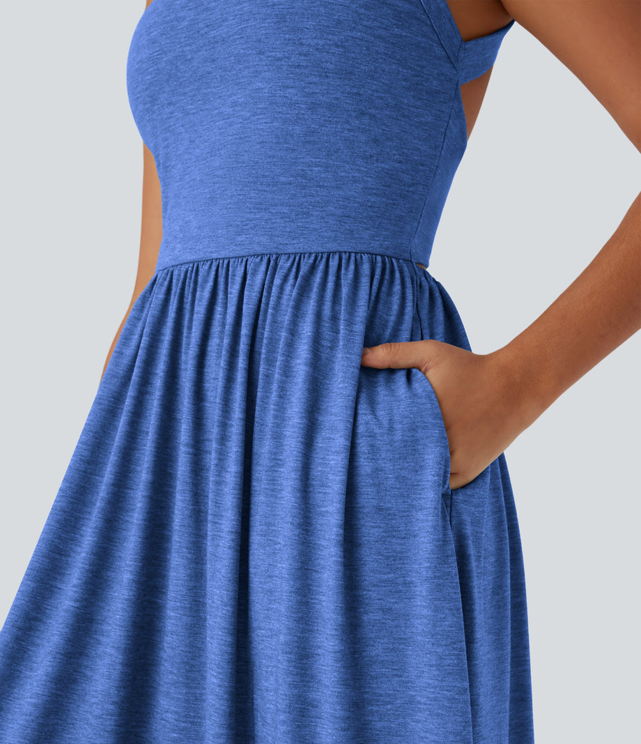 Twisted Backless Split Flowy Maxi Resort Dress with Pockets - Sky Blue Floral Yarn
