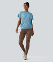 Round Neck Short Sleeve Ruched Cool Touch Yoga Sports Top-UPF50+ - Sky Blue