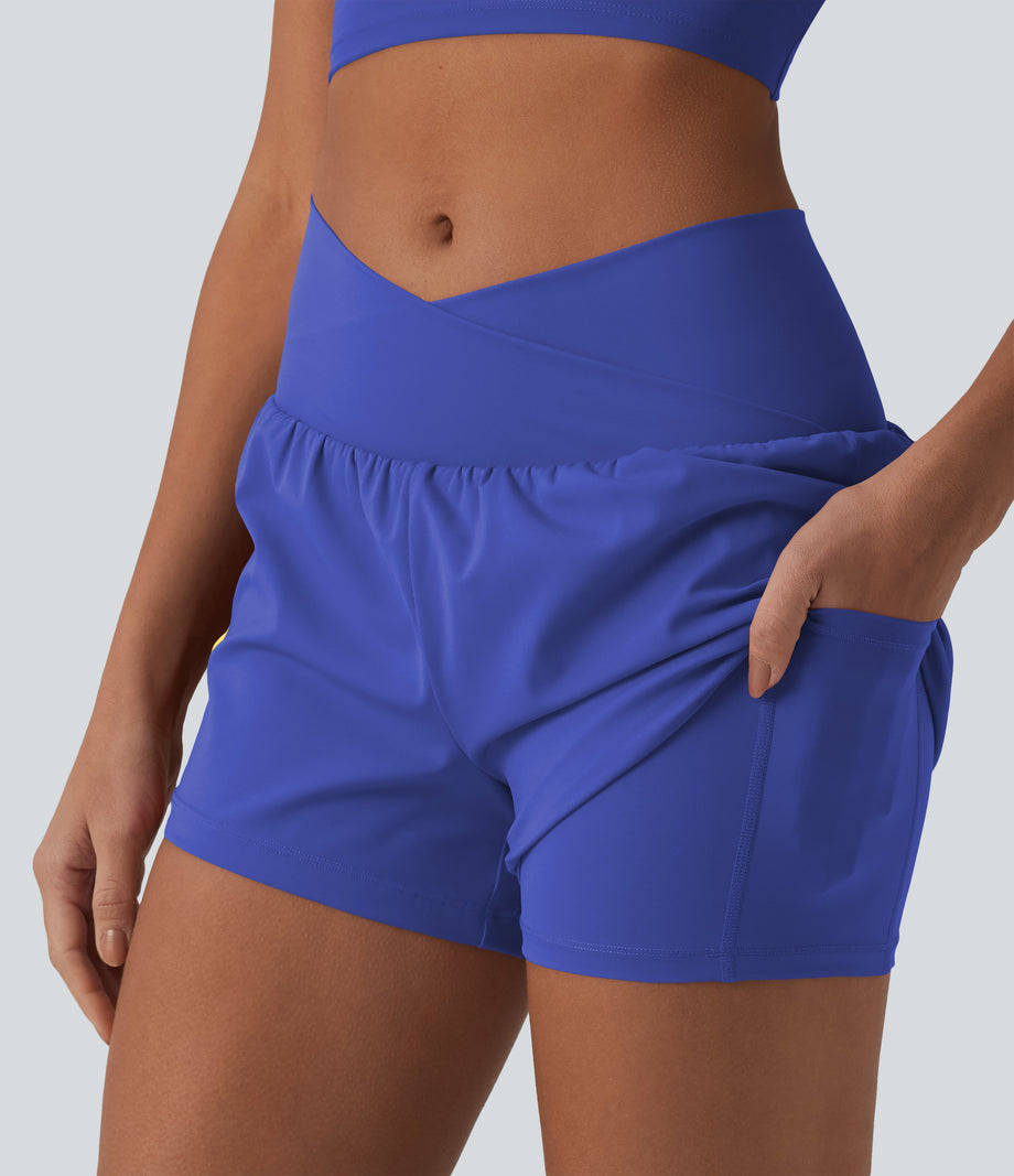 SoftlyZero™ Airy Crossover High Waisted 2-in-1 Cool Touch Yoga Shorts 3'' with Pockets - Aster Blue