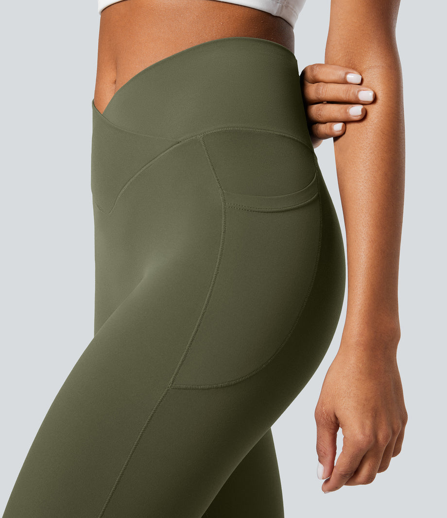 SoftlyZero™ Crossover Pocket Plain Leggings-UPF50+ - Grass Grey Green