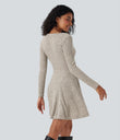 Ribbed Knit V Neck Long Sleeve Flare Mini Casual Dress with Pockets - Warm Grey Floral Velvet