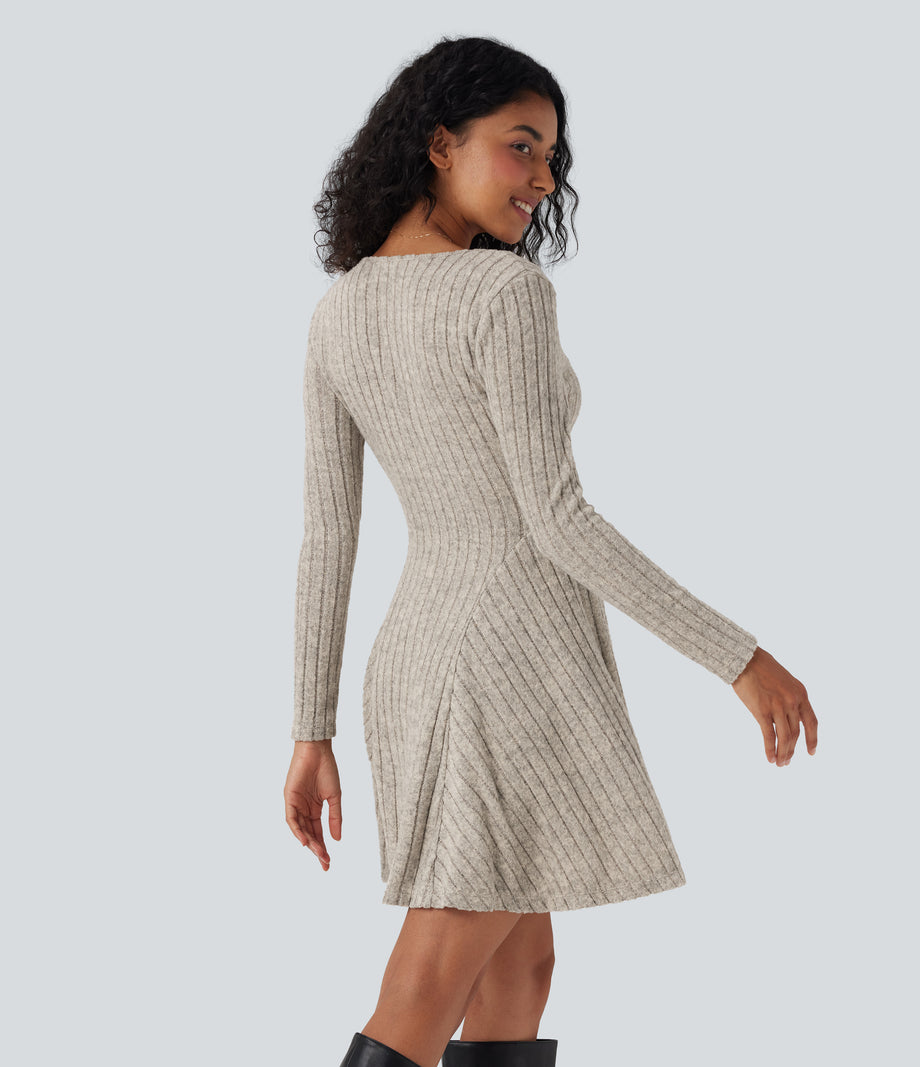 Ribbed Knit V Neck Long Sleeve Flare Mini Casual Dress with Pockets - Warm Grey Floral Velvet
