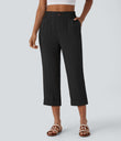 High Waisted Zipper Pocket Cropped Linen-Feel Pants - Black