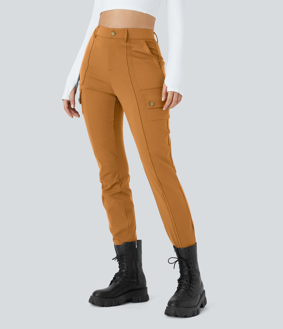 DayStretch High Waisted Zipper Pockets Solid Skinny Cargo Pants - Buckskin