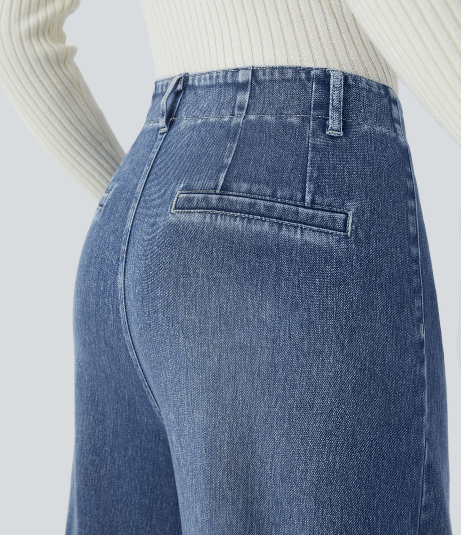 Halara Flex™ High Waisted Pockets Washed Casual Wide Leg Jeans - Orchid Blue Denim