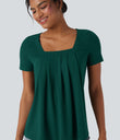 Square Neck Short Sleeve Casual Top - Rain Forest