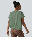 Round Neck Short Sleeve Ruched Cool Touch Yoga Sports Top-UPF50+ - Hedge Green