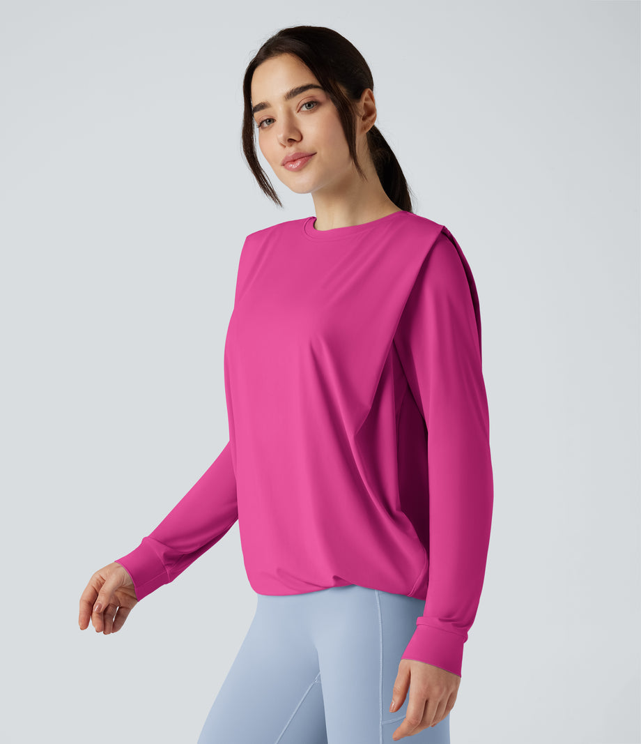 Round Neck Long Sleeve Ruched Yoga Sports Top-UPF50+ - Fuchsia Fedora