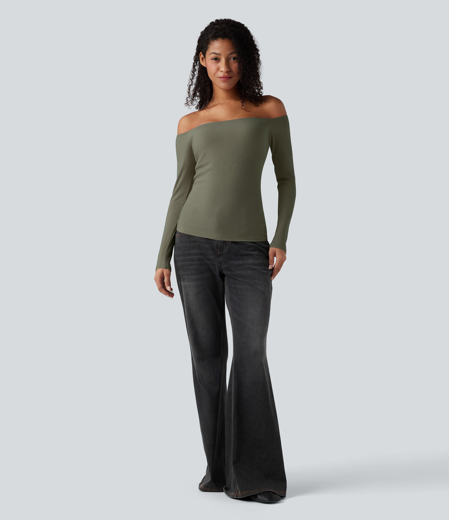 Ribbed Knit Off Shoulder Long Sleeve 2-in-1 Casual Top - Dusty Olive