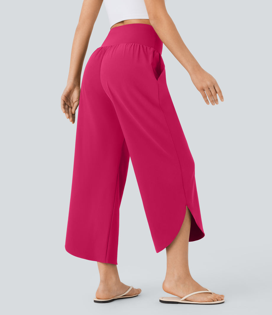 Breezeful™ High Waisted Tummy Control Split Hem Quick Dry Resort Pants with Pockets - Bright Rose