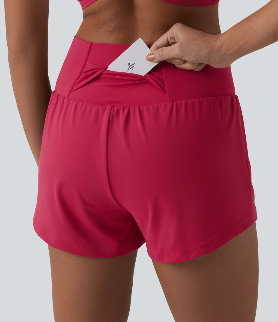 SoftlyZero™ Airy Crossover High Waisted 2-in-1 Cool Touch Yoga Shorts 3'' with Pockets - Winterberry