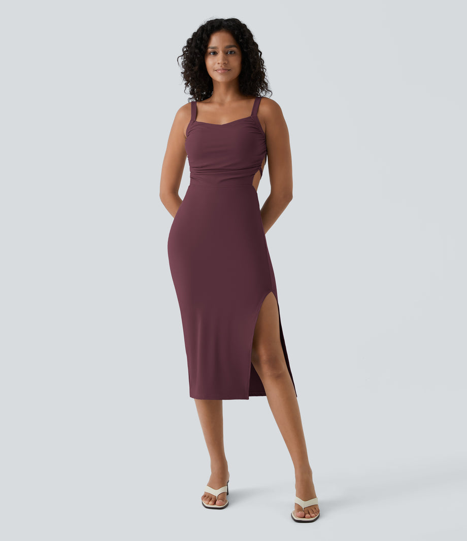 Ruched Lace Up Bodycon Midi Casual Dress - Fig