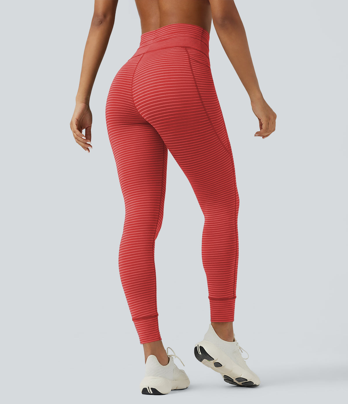 High Waisted Drawstring Striped Yoga Leggings with Pockets - Sunset Coral