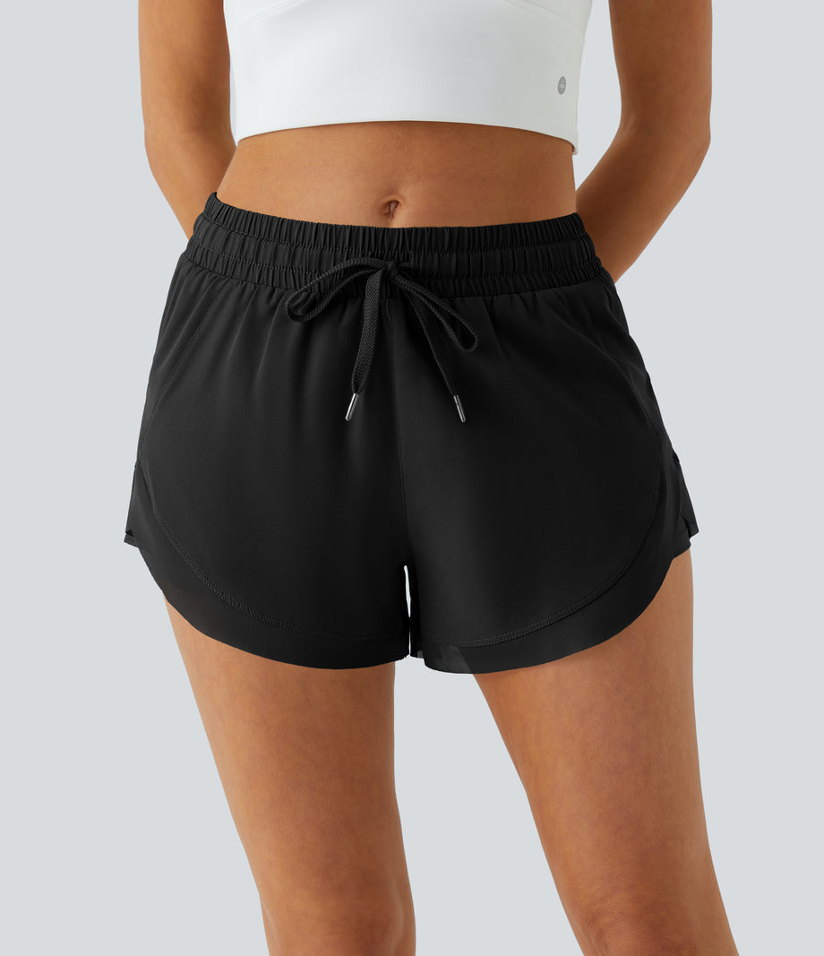 Mid Rise Drawstring Contrast Mesh 2-in-1 Flowy Running Shorts 3'' - Black