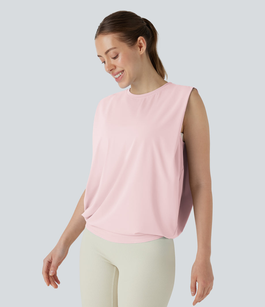Round Neck Ruched Cool Touch Yoga Tank Top-UPF50+ - Primrose Pink
