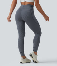 High Waisted Drawstring Striped Yoga Leggings with Pockets - Midnight Stripe
