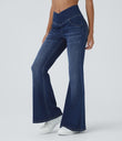 Halara Flex™ High Waisted Crossover Pocket Washed Casual Flare Jeans - Bright Blue Denim