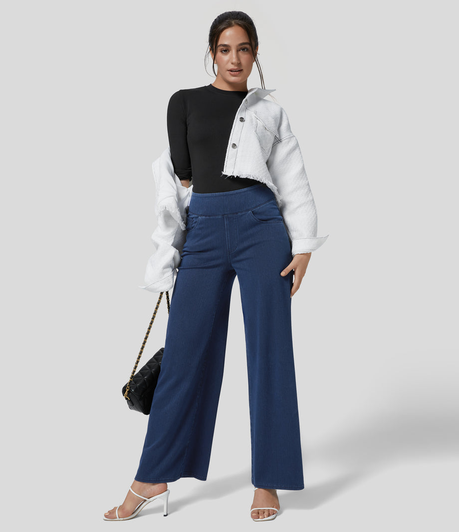 Halara Flex™ High Waisted Pockets Wide Leg Loose Work Jeans - Washed Denim Navy Blue