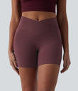 SoftlyZero™ High Waisted Crossover Contrast Lace Pocket Yoga Biker Shorts 5''-UPF50+ - Red Mahogany