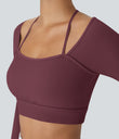 Ribbed Halter Strap Thumb Hole Cropped Yoga Sports Top - Maroon Banner