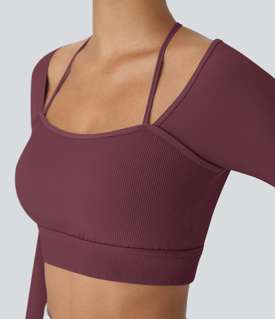 Ribbed Halter Strap Thumb Hole Cropped Yoga Sports Top - Maroon Banner