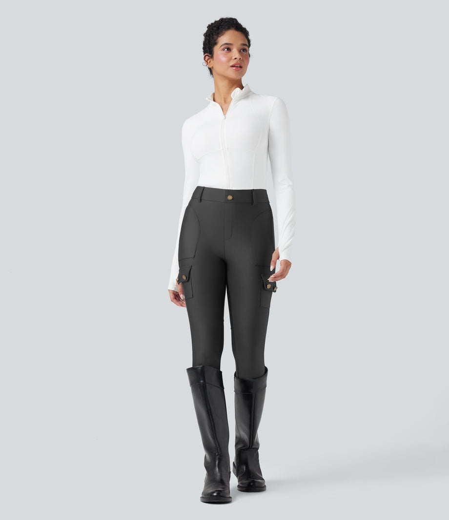 High Waisted Sheen 7/8 Leggings with Pockets - Black Oyster