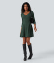 Ribbed Knit V Neck Long Sleeve Flare Mini Casual Dress with Pockets - Mottled Greenlake