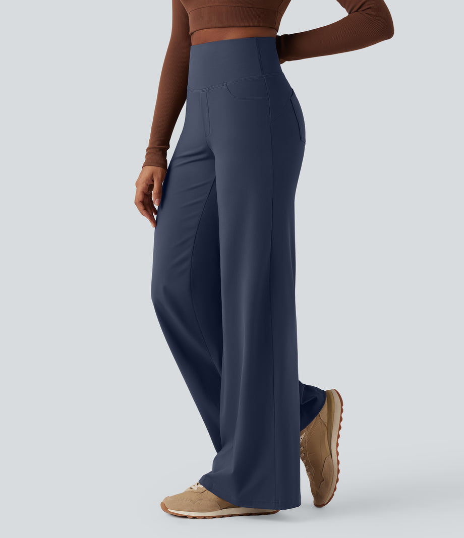 DayStretch High Waisted Tummy Control Wide Leg Baggy Yoga Pants with Pockets - Midnight Blue