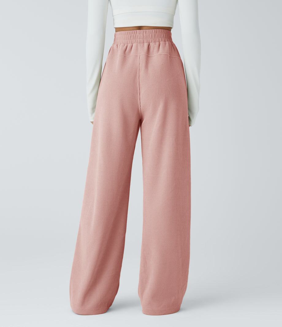 High Waisted Pocket Straight Leg Baggy Mop Corduroy Casual Pants - Rosette
